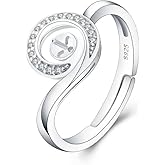 LGSY Sterling Silver Round CZ Ring Mounting for Women, Adjustable Ring Fittings Accessories for Pearl Jewelry Making
