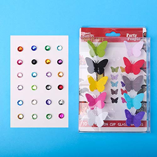 DaveandAthena 24 Pieces Crystal Magnetic Drink Markers Wine Glass Markers and 10 Pieces Colorful Butterfly Silicone Drink Glass Charms Wine Charm Tags with Suction Cup