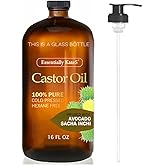 Essentially KateS Castor Oil 16 Fl Oz (Glass Bottle) - Avocado + Sacha Inchi- A Huge Glass Bottle with a Pump - 100% Pure and Natural, Cold Pressed, and Hexane-Free - Hair, Body