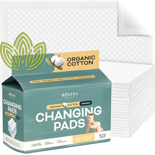 Organic Cotton Disposable Changing Pad Liners | Large 18x24 Hypoallergenic Ultra Absorbent & Waterproof Super Soft, Quilted Underpads for Baby Diaper Table & Travel, Leak Proof & Mess Free [50-Pack]