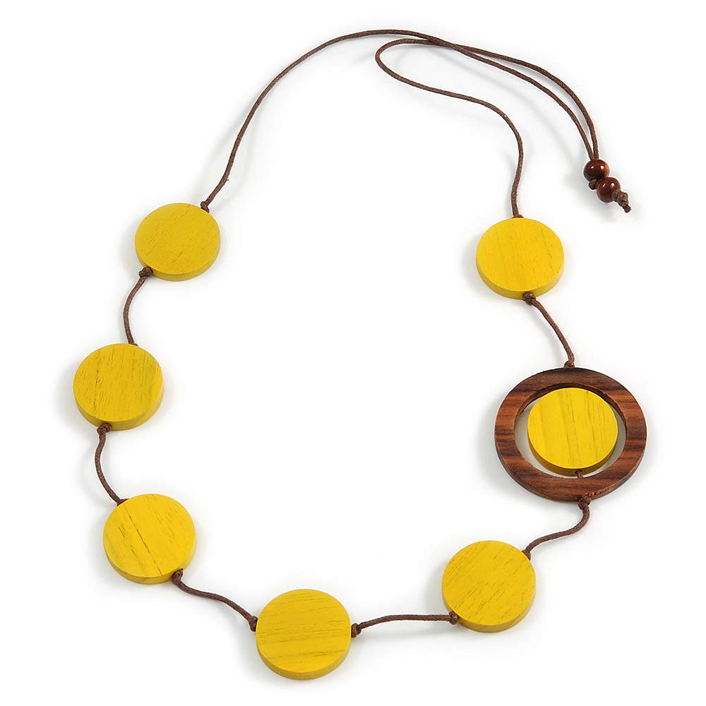Avalaya Yellow/Brown Coin Wood Bead Cotton Cord Necklace - 80cm Long - Adjustable