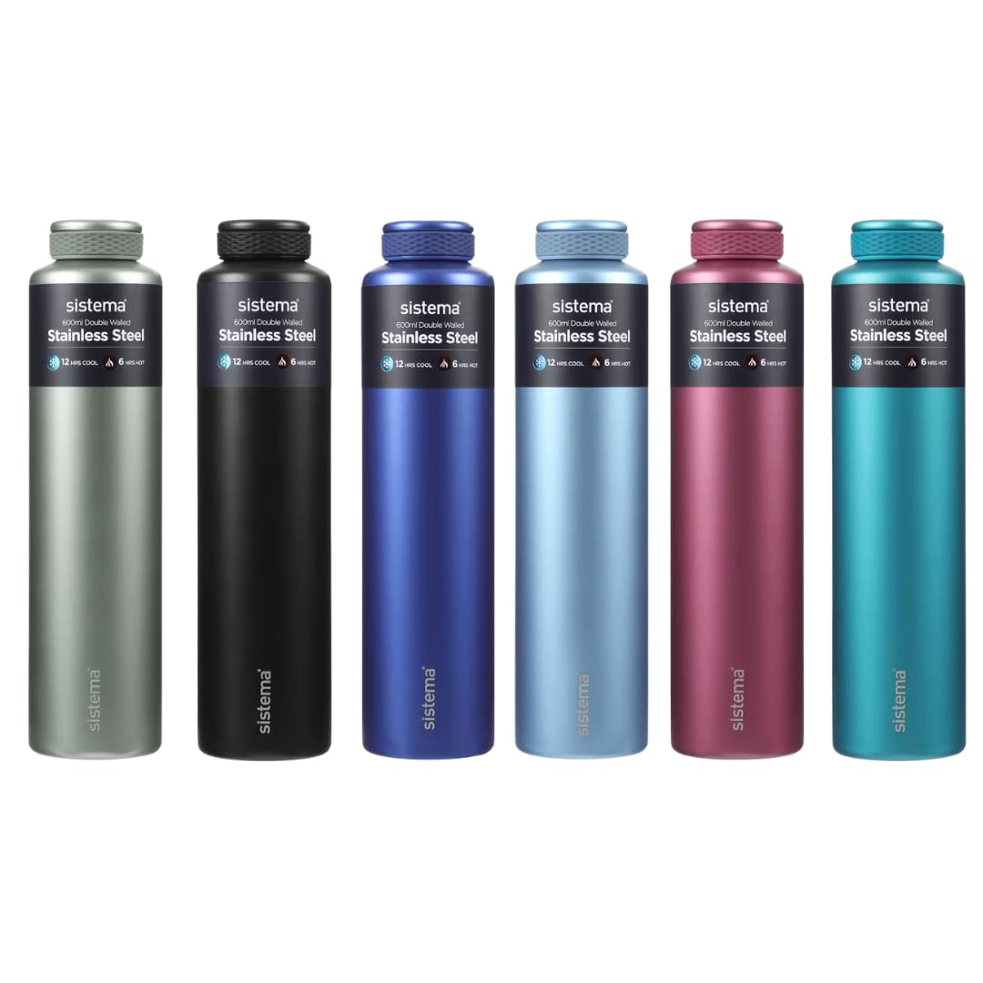 Sistema Hydrate Stainless Steel Water Bottle | 280 ml | BPA-Free | Double Wall Vacuum Insulated Metal Water Bottle | Keeps Liquid Hot & Cool | Assorted Colours