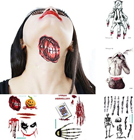 Halloween Temporary Tattoo Skull Body Stickers Fake Tattoos Realistic for Women Men, Scar Zombie Fake Blood Makeup For Halloween Costume, VIWIEU Spooky Halloween Party Favors