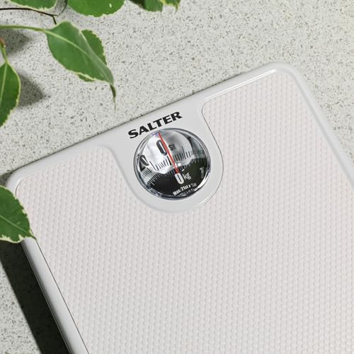 Salter Mechanical Bathroom Scale – Analogue Body Weighing Scale, Classic Fitness Scale, 133kg Capacity, Easy Read Display with Magnifying Lens, Non-Slip Mat, No Batteries Required, White