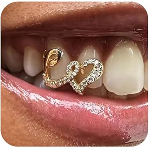Gold Teeth Grills for Women Grillz Teeth Men Tooth Gems Cap Hollow Heart Mouth Grills Crystal Tooth Jewelry for Hip Hop Singl