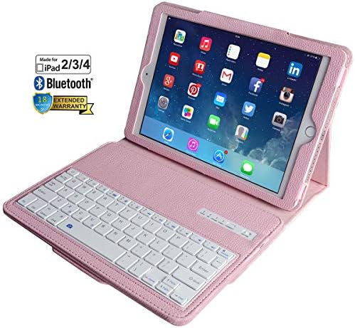 Eoso Keyboard Case for iPad 2/3/4,portable iPad keyboard with PU leather folio cover case Bluetooth Keyboard Removable keyboard for iPad tablet-Pink