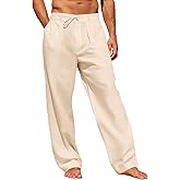 Runcati Mens Linen Cotton Casual Pants Elastic Waist Drawstring Lightweight Pants Loose Fit Summer Beach Yoga Trousers