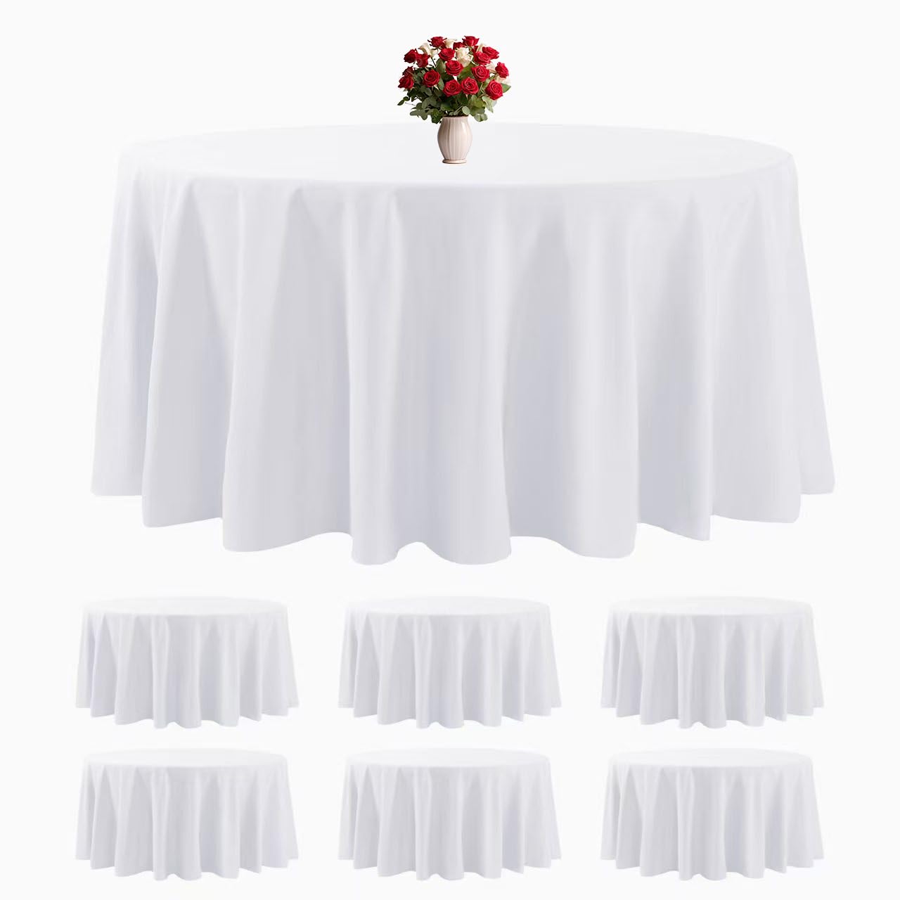 Photo 1 of 6 Pack White Round Tablecloths 132 Inches Table Cloth Stain and Wrinkle Resistant Washable Polyester Table Cover Fabric for Party, Wedding,Dining,and Banquet Decoration