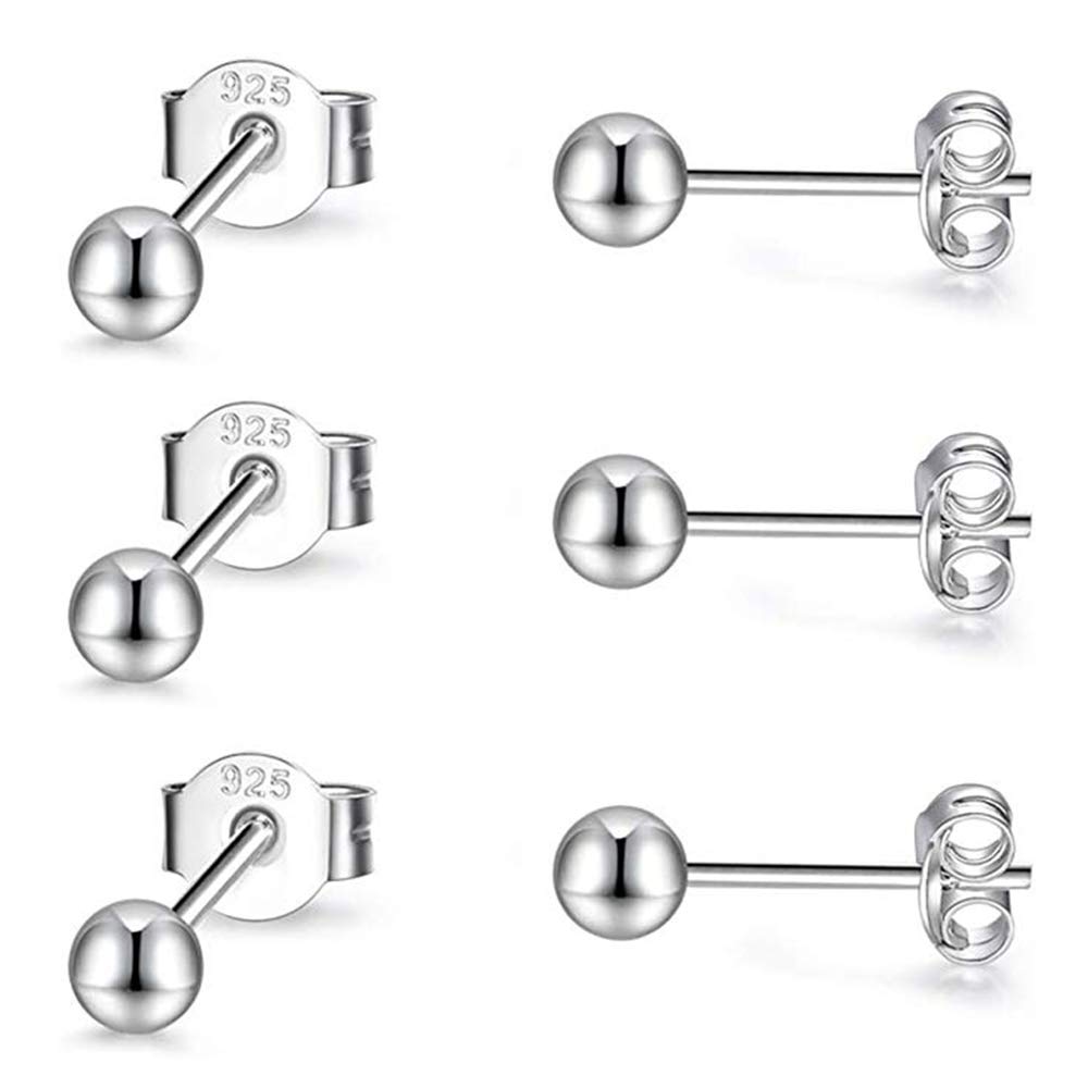 PRETTERY Silver Stud Earrings Set for Women, 3 Pair 3mm 925 Sterling Silver Round Ball Studs Earrings Set for Girls Chirldren