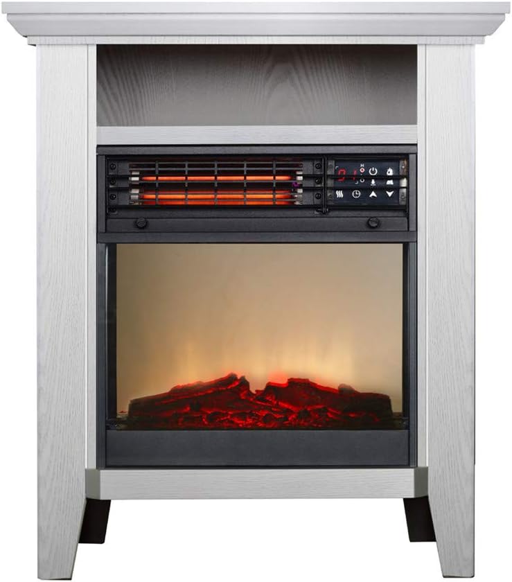 Portable Electric Digital Fireplace Stove Heater, Adjustable Infrared Heater Thermostat with 3D Realistic Flame, W/Remote and Timer, Overheat Protection, Max 2500W, Ivory Wooden Frame