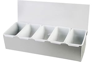 TrueCraftware- 5 Compartment Condiment Dispenser Garnish Tray Bar Caddy Stainless Steel Body with Acrylic Hinged White Color Lid- Condiment Server Caddy Bar Garnish Holder Bar Accessories Fruit Salad