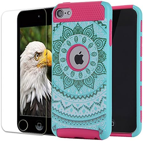 iPod Touch 5 6th Generation Case, Vecr Armor Dual Layer Shock Absorption Hard Back Cover with Tempered Glass For Apple iPod Touch 5th 6 Generation (Teal - Hot Pink)