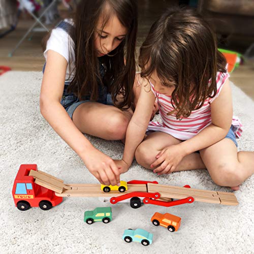TOWO Wooden Car Transporter Toy Double Decker Trailer with 4 Cars ramp