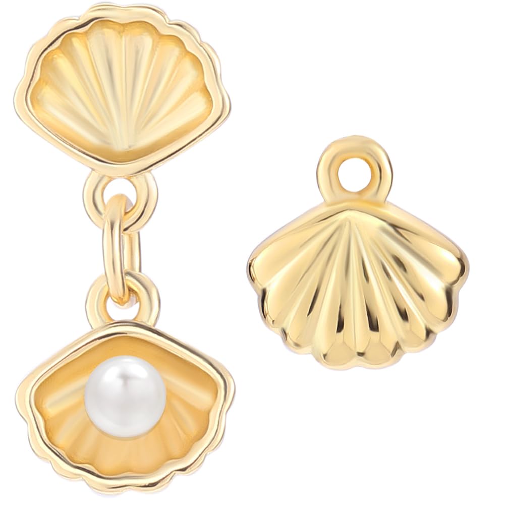 Beebeecraft 1 Box 10Pcs Real 18K Gold Plated Seashell Charms Open Shell Pendant Charm with Round Plastic Imitation Pearls Ocean Animal Pendants Findings for Jewelry Making Necklaces Supplies DIY Craft