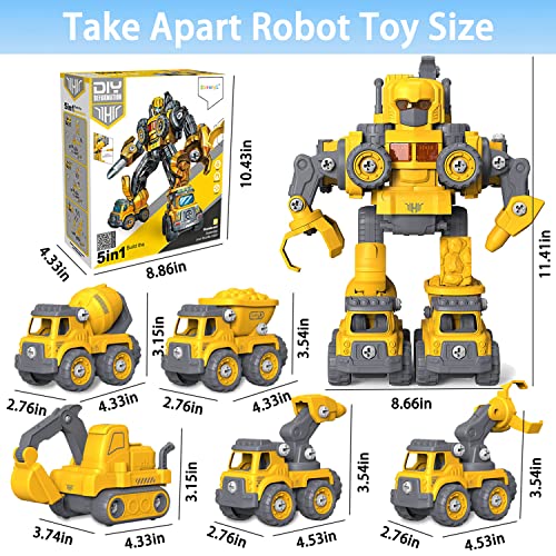 EDPOFUL Take Apart Robot Toys for Boys, 5-in-1 Construction Vehicles Transformation Toys, Building STEM Truck Toys for 5 6 7 Year Old Kids