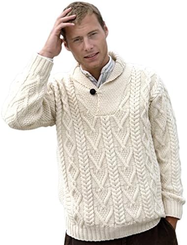 100% Merino Wool Aran Sweater with Fold-Over Collar, Natural