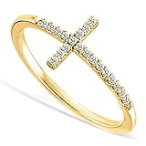 Sideways Cross CZ Yellow Gold Plated Sterling Silver Ring