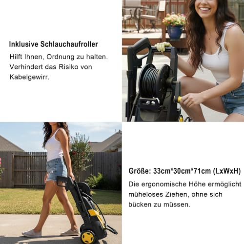 LANCHEZ Hochdruckreiniger 145 bar max Druck, Fördermenge 420 l/h, 7-in-1-Zubehör Kit (500ml Schaumsprüher, Schnellkupplungen, Schnellanschlussdüsen, Terrassenbürste) für Auto, Terrasse, Gelb