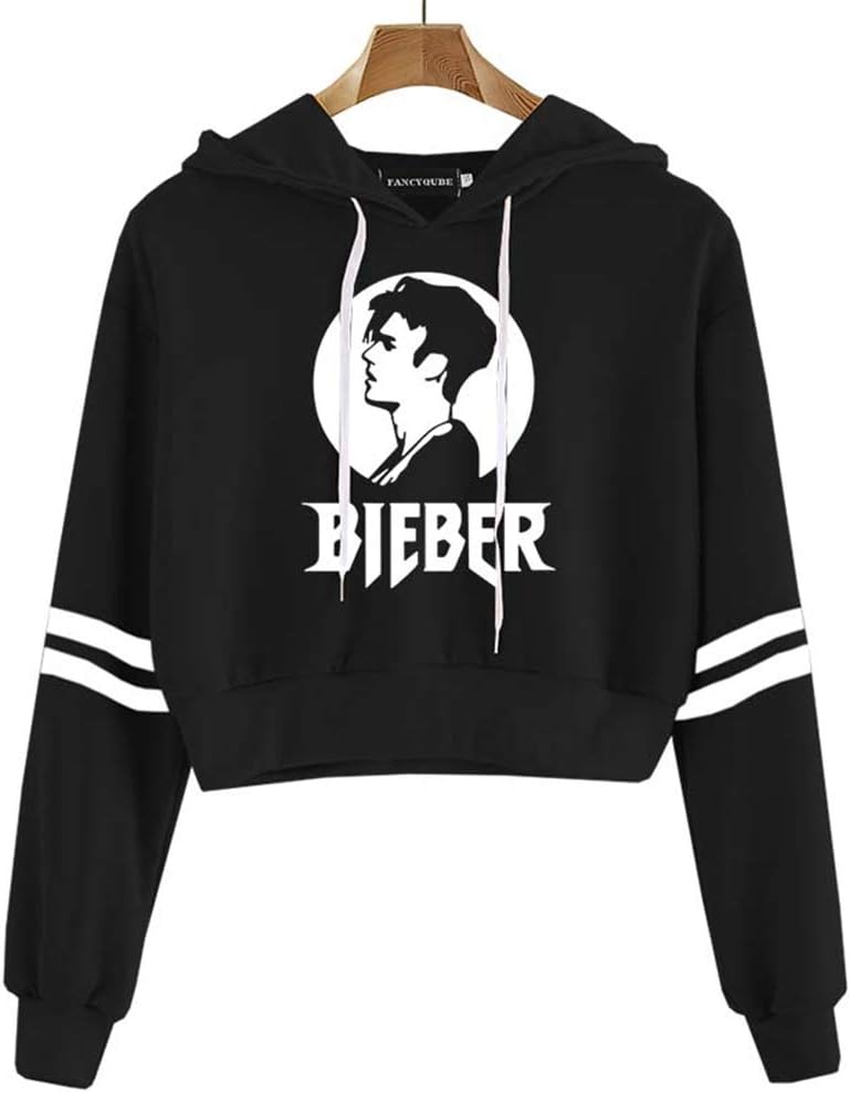 Fushimuma Women's Justin Bieber Crop Top Hoodies Fans Gift Costumes Striped Sleeve Sweatshirt