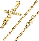 FIBO STEEL Stainless Steel Mens Womens Cross Necklace Crucifix Pendant, Gold-tone 24 inches