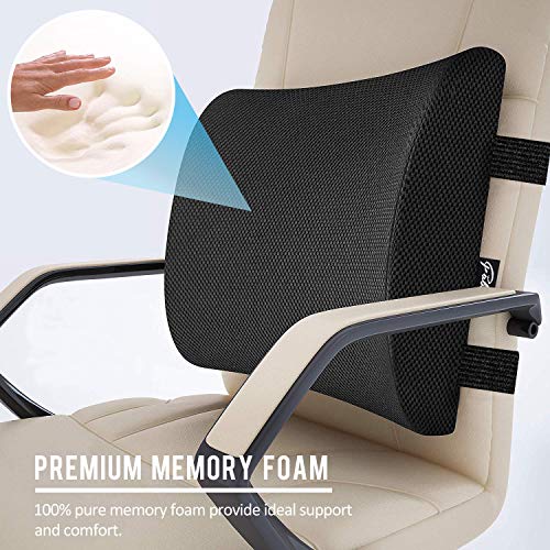 Premium Back Cushion for Office Chair, Car, Wheelchair - Memory Foam Lumbar Support Pillow with Breathable 3D Mesh Cover Adjustable Straps Black