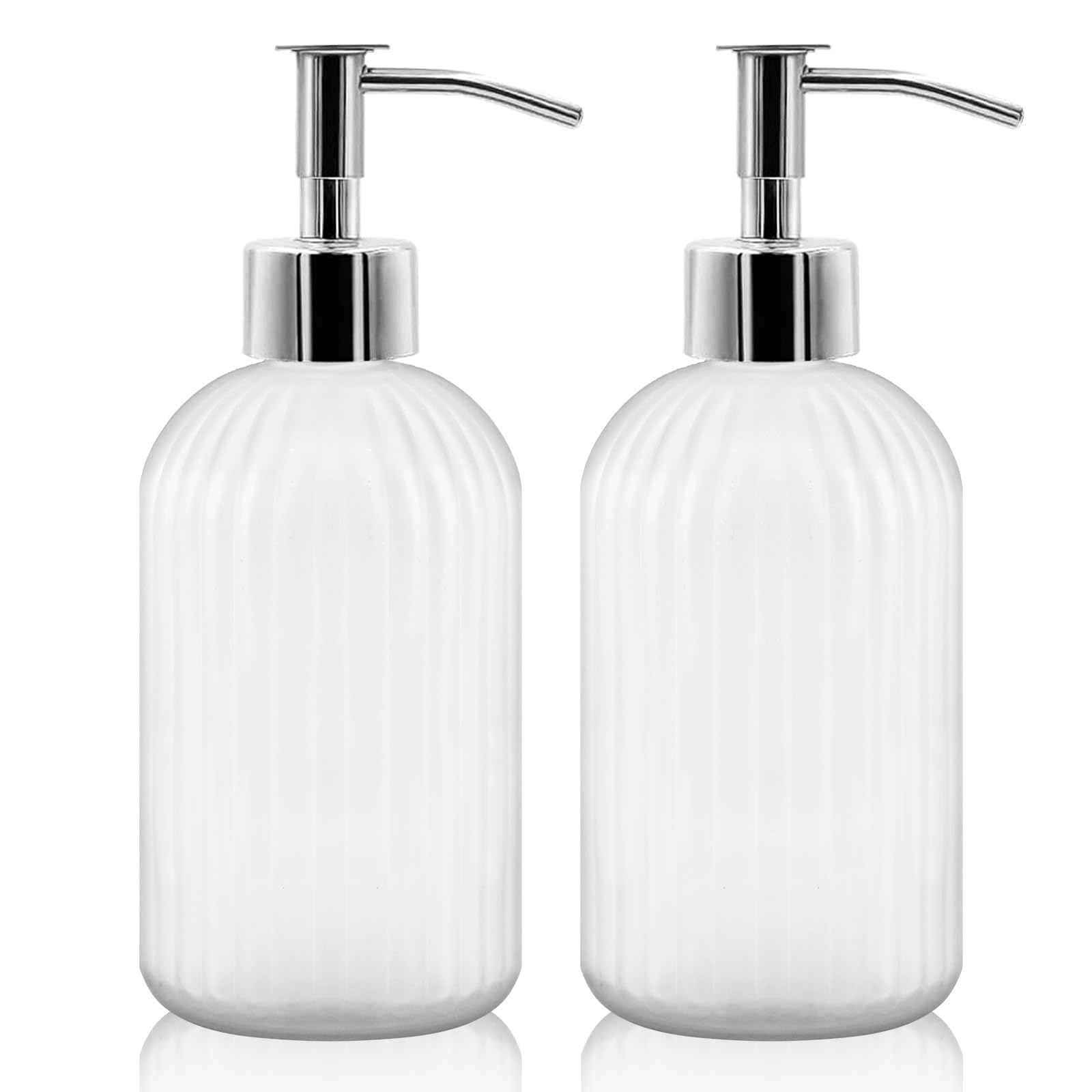 2 Pack Glass Soap Dispenser Bottle with Pump, 14 Oz Refillable Liquid Hand Jar Dispenser for Bathroom, Countertop, Kitchen, Laundry Room (Frosted)
