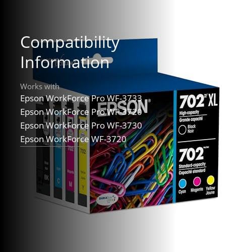 Epson 702 DURABrite Ultra Ink High Capacity Black & Standard Color Cartridge Combo Pack (T702XL-BCS) Works with WorkForce Pro WF-3720, WF-3730, WF-3733