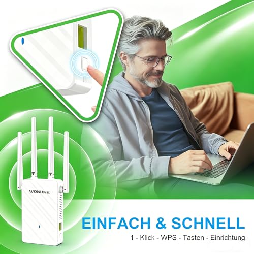 WONLINK WiFi Amplifier, WLAN Repeater 1200 Mbps Dual Band with 4 Antennas and Ethernet Port, Supports WPS & MU-MIMO, 3 Operating Modes Repeater Router AP, with Signal Display, Ideal for Home and