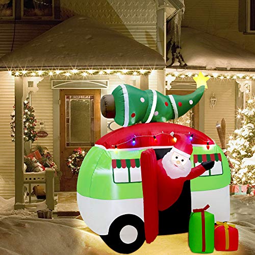 ATDAWN 7 ft Christmas Inflatable Santa Claus Driving a Car with Christmas Tree and Gift Boxes, Blow Up Lighted Yard Decoration, Inflatable Christmas Holiday Outdoor Lawn Yard Garden Decorations