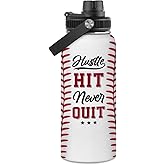 Baseball Water Bottle 32oz Hustle Hit Never Quit Stainless Steel Insulated Bottle for Men Women Sports Lovers Baseball Fans