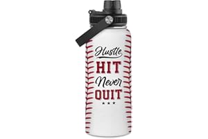 SANDJEST Baseball Water Bottle 32oz Hustle Hit Never Quit Stainless Steel Insulated Bottle for Men Women Sports Lovers Baseball Fans