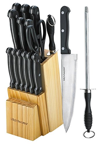 Knife Set With Wooden Block - 15 Piece Set Includes Chef Knife, Bread Knife, Carving Knife, Utility Knife, Paring Knife, Steak Knife, Boning Knife, Scissors And Knife Sharpener. - By Kitch N’ Wares