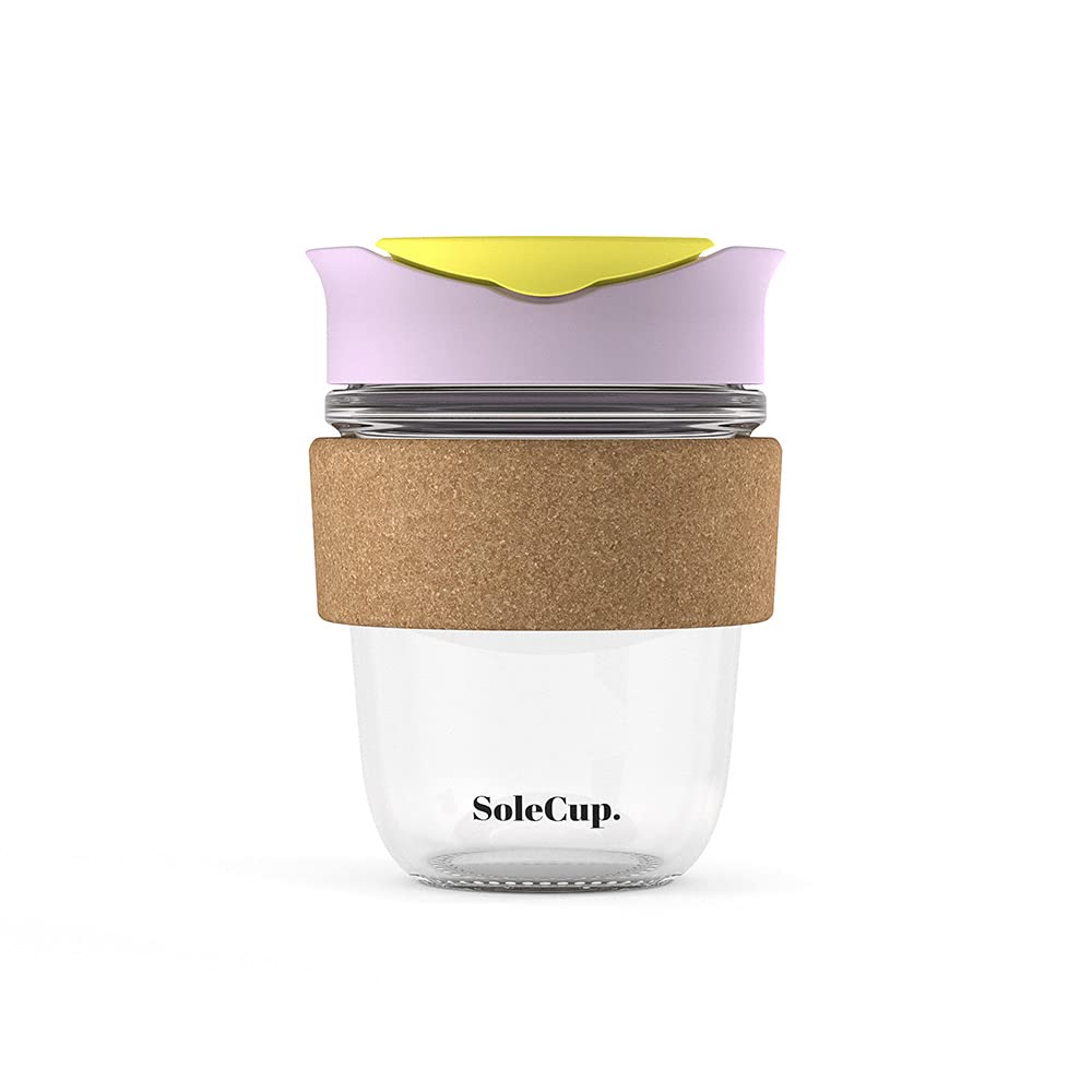 SoleCup. - Reusable Strengthened Glass Travel Cup - Spill Proof Coffee Mug - 12oz/340ml BPA-Free Hot Drink Travel Mug with Lid & Cork Band (Ice Cream, 340ml / 12oz)