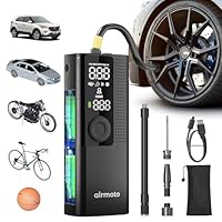 Airmoto Tire Inflator Portable Air Compressor - Air Pump For Car Tires with Digital Pressure Gauge, LED Light and Auto Shut-Off Function - Cordless Pump for Car, Motorcycle, Bicycle, Ball