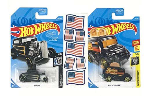 Cars HW Roller Toaster & Black 32' Ford Hot Rod Bundle 2019 Plus American Flag Stickers