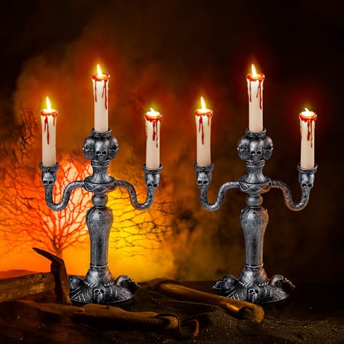 JOYIN 2 Stück beleuchtete Haunted Candelabra Prop, LED-Kerzen mit 6-Stunden-Timer, batteriebetriebene flackernde Lichter, Kerzen für Halloween-Heimdekoration, Innendekoration, Halloween-Dekoration