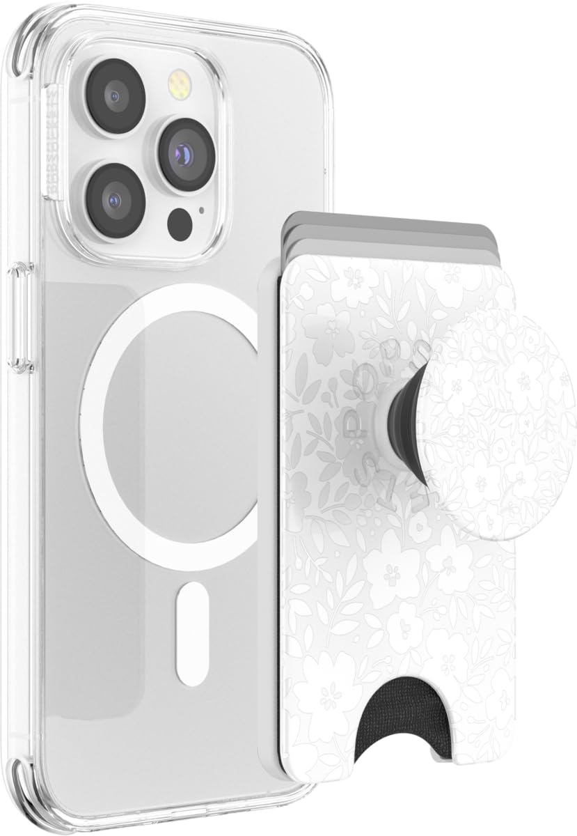 PopSockets Phone Wallet with Expanding Grip and Adapter Ring for MagSafe, Phone Card Holder, Wireless Charging Compatible, Wallet Compatible with MagSafe - Blanc Fresh