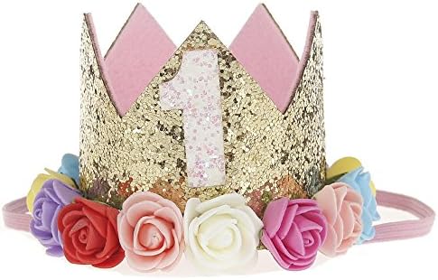 Besker Gold Baby Girl Birthday Crown Flower Tiara Headband Birthday Party Hat Hairband (Colorful Flower 1)