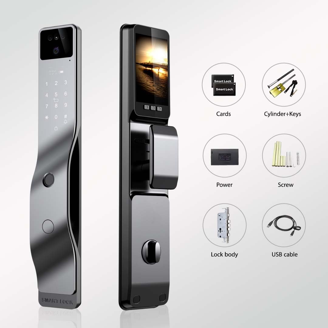 Smart Door Lock with 3D Face Recognition & 1080P Camera – Keyless Entry via Face ID, Palm Ve, Fingerprint, App, Code, IC Card & Key | WiFi, Auto-Lock, Alexa & Tuya Compatible
