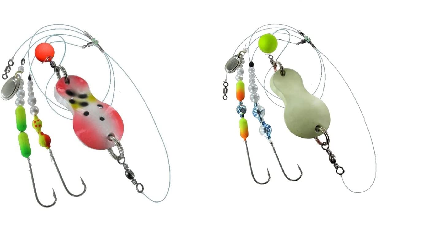 Jenzi Set of 2 Buttt Spoons Flatfish Indicator Mounted 100 g Red / White / Dots 80 g Light / Green / Glitter and Petri Heil Sticker