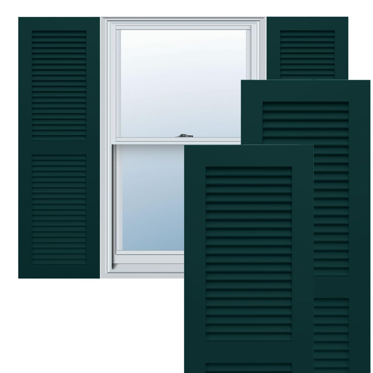 Photo 1 of 18"W x 60"H True Fit PVC Two Equal Louver Shutters, Thermal Green (Per Pair - Hardware Not Included)