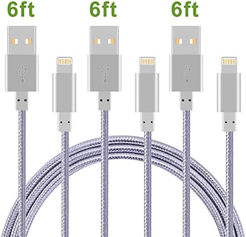 Samki iPhone Lightning Cable,3Pack 6FT Durable Nylon Braided Cord 8pin Fast Sync Charging Cable with Aluminum Connector for iPhone 7/7 Plus/6S/6S Plus,SE/5S/5,iPad,iPod Nano 7(Gray)