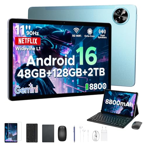 P11 Tablet 11 Pulgadas, Tablet Android 16 con Gemini AI, 48GB RAM+128GB ROM/TF 2TB, T7250, 90Hz Display 8800mAh, 13MP+5MP, Tablets con Teclado, Lapiz, Face ID, Widevine L1, Auriculares 3.5mm, Azul