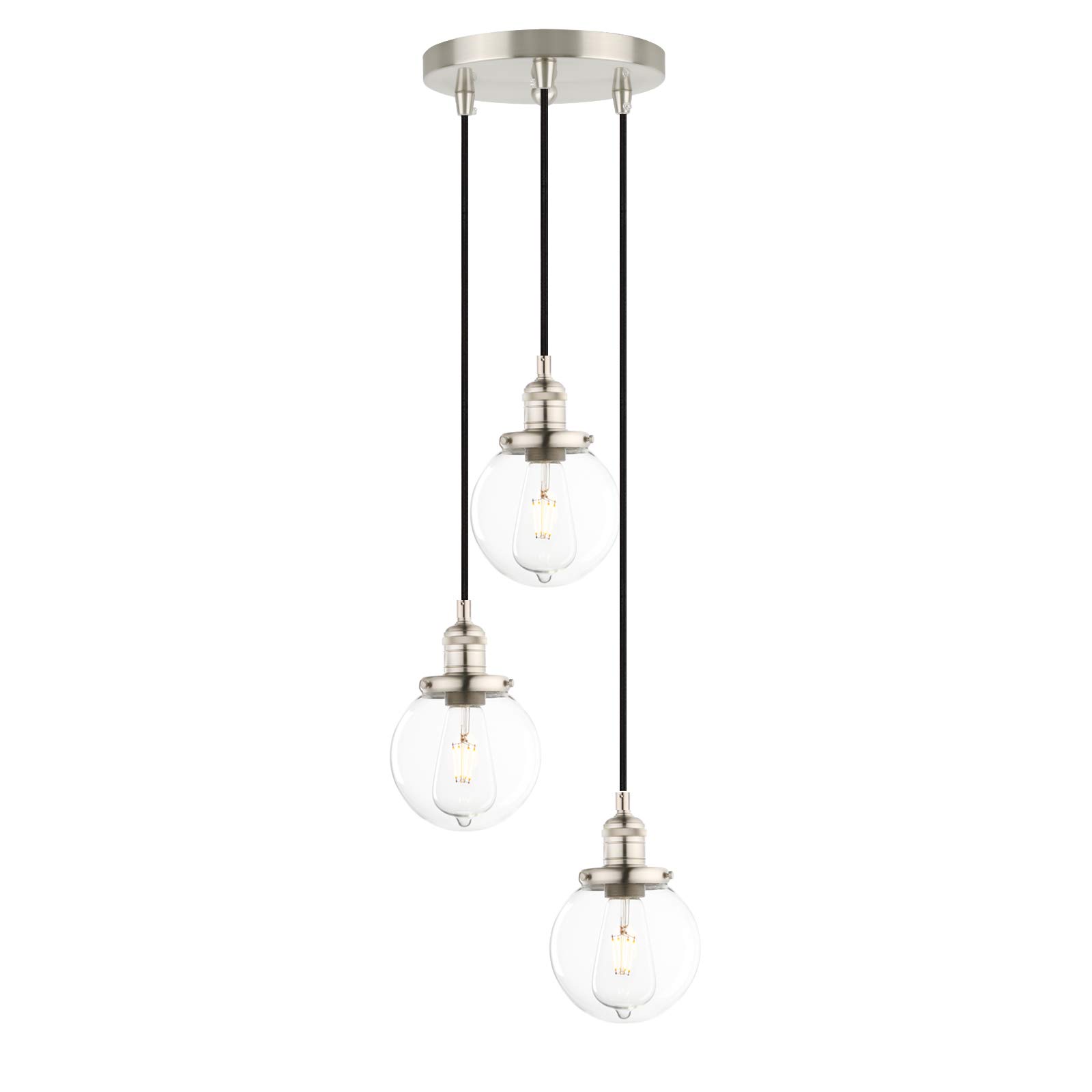Phansthy Industrial Pendant 3 Lights Chandelier Flush Mount Light with Globe Glass Shade, E27 Hallway Light Ceiling Hanging Lamps for Living Room, Kitchen Modern Triple Pendant Lights (Brushed)