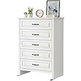 Marsail Farmhouse 5 Drawer Dresser, Wood Chest of Drawers with Natural Texture, Smooth Gliding Drawers, Versatile Storage Organizer Cabinet for Bedroom & Living Room, White