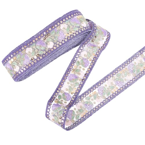 CABODYALS 9.14M 45mm Purple Jacquard Ribbon Embroidered Floral Lace Trim Vintage Ethnic Style Sheer Fabric Glitter Sequin Edge Woven Garland Ribbons for Sewing Making Crafts Clothes Home Bridal Decor