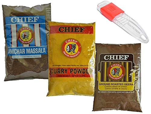 Trinidad food products: amchar massala, curry powder, ground roasted geera