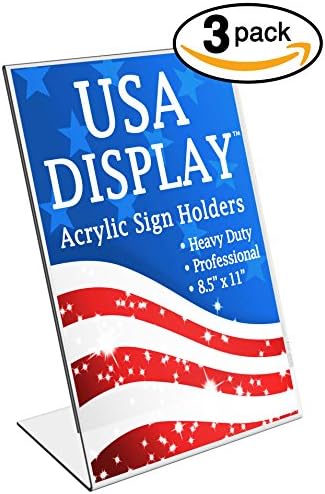 USA Display - 8.5 x 11 Inch Heavy-Duty Slant Back Clear Acrylic Sign Holder - Original (2016 Edition) Durable Slanted Plastic Brochure Ad Frame Sign Holder Stand (3-Pack)