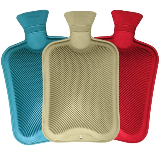 Pack of 3 Hot Water Bottles - x3 Natural Rubber 2 Litre Hot Water Bottles - Perfect Hot Water Bag for Pain Relief (Red, Blue & Cream)