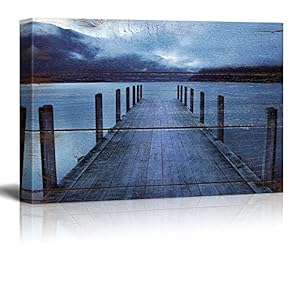 Pier at The Evening on Vintage Wood Background